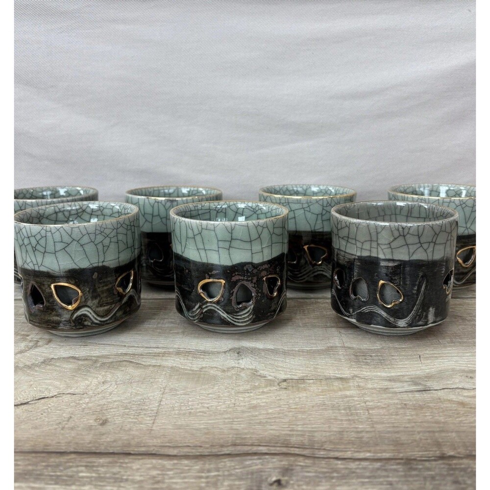 Vintage Somayaki Soma Ware Japan Double Wall Hearts Tea Cups Gold Horse Set of 7